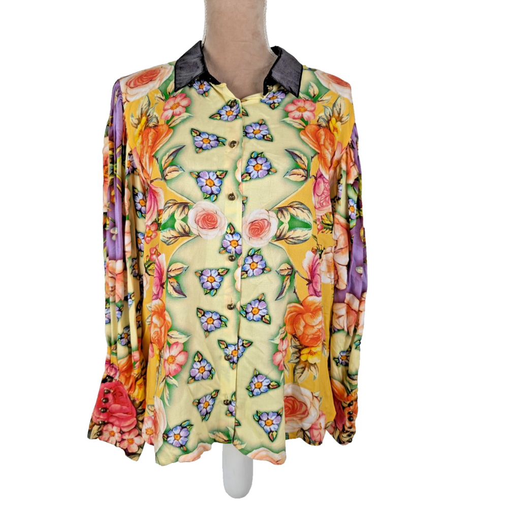 Aratta Silent Journey Shirt Blouse Top Floral Size L Colorful Art Boho Patchwork